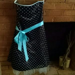 Aqua Polka Dots on Brown Strapless Midi Dress